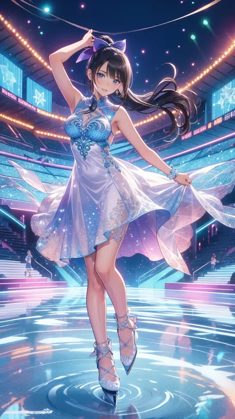  head to toe depiction、 full body view、masterpiece, 最 High Quality , 超 Details,、  ice skating rink  ,Ice Dance/DANCING ON ICE 、 8K Anime Art  ,Very beautiful girl  , one woman,  ponytail, ,( 1 Woman ),Dancing on ice ,("  figure skater"),Beautiful dress,(Ic...