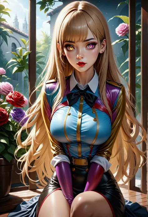  
(masterpiece, aesthetic, detailed eyes, realistic), 1girl, mahiru shiina, angel next door spoils me rotten, Long smooth straight golden hair, gradient eyes from purple to golden, large bust, large hips, slim waist, sitting in uniform, super detail, ultra...