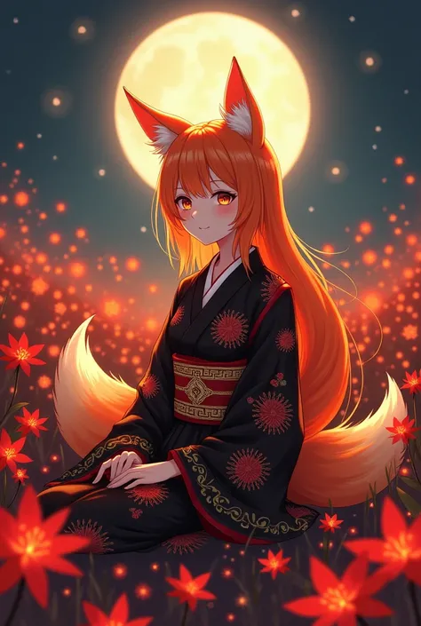 A mesmerizing anime-style fox girl with fiery orange hair sits gracefully in a field of crimson spider lilies, their deep red petals glowing softly under the moonlit night. Her nine radiant tails fan out behind her, glowing faintly with a golden hue, addin...