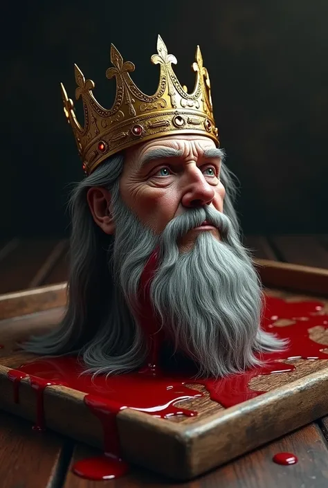 The severed head of a king with hair and a long beard with a gold crown!! On a tray and Blood