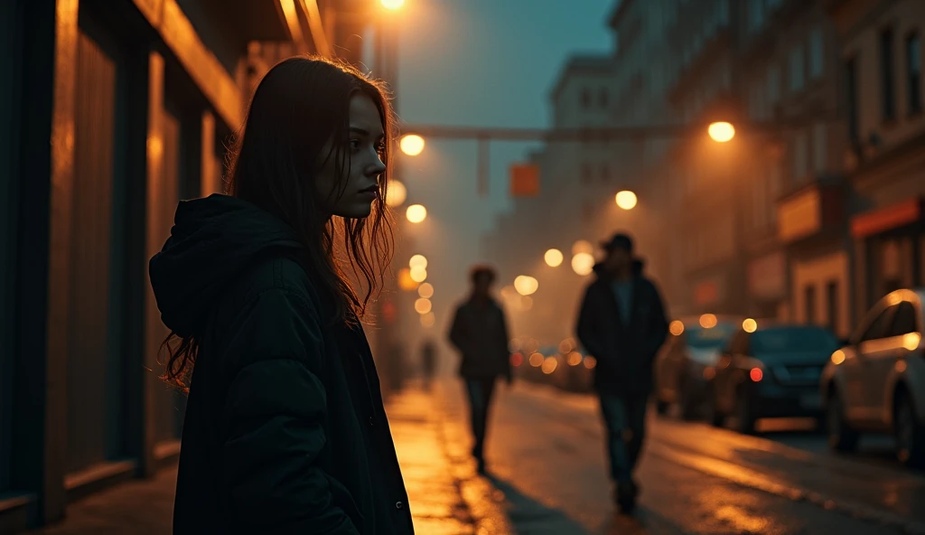 Picture of girl in the dark while young rapper walking on the street in the evening