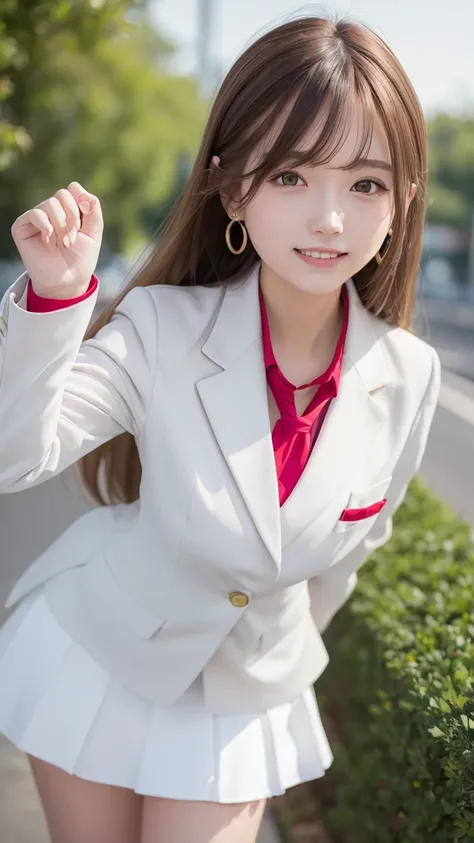  miniskirt、Cat Eyes、White blazer、 white tie、White Skirt、Red Shirt、woman in pantyhose ,  comet 、18 years old、cute、 long hair, Brown Hair,  high definition , masterpiece,  anatomically correct,  top quality,  textured skin,  Ultra High Definition,  earrings,...