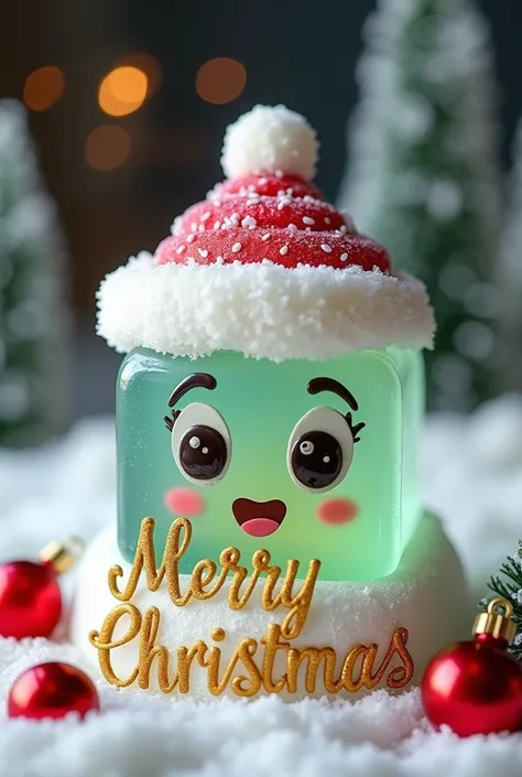 Create ice cube design in jelly cake with eyes mouth and smile Santa hat for christmas one family with merry chrismat special greeting for u in gold color