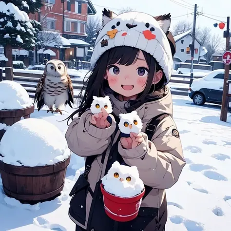 masterpiece、A snowy town 、Two girls personify baby owls 、  body 、Chibi、    catches an owls ears and tail 、snowball fight  ,  happy expression