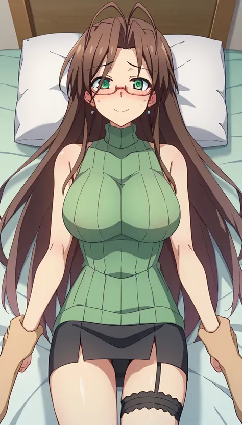 score_9、score_8_up、score_7_up、source_anime、、長谷川Senri、 mature woman、 1 girl、 has a smiling mouth 、 close your mouth、Worried brow、 squinting、 brown hair 、 green eyes、 hair like antennae 、 long hair、Semi-rimless glasses、Senri、I can take off my white coat 、Gre...