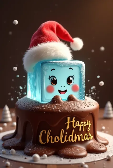 Create an ice cube design in a melted chocolate cake with a mouth and smile Santa hat for one family christmas with a merry chrismat special greeting for u in gold color