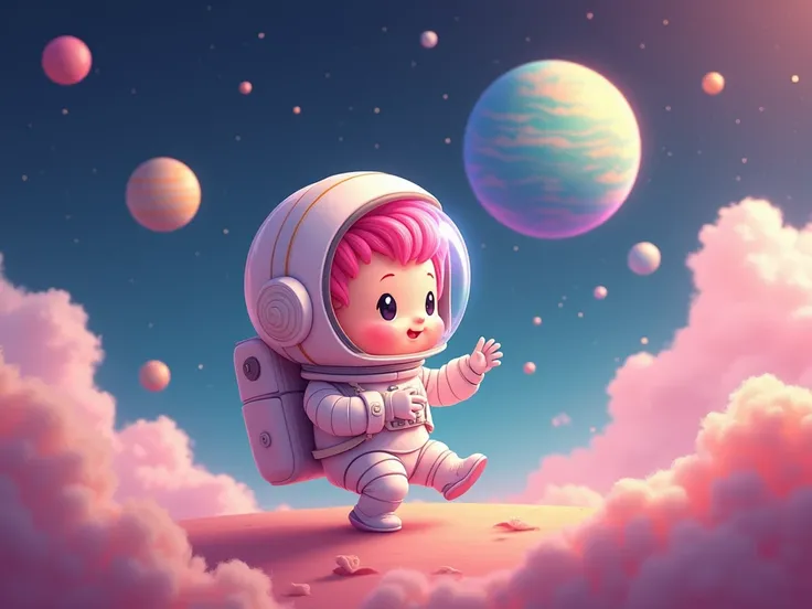  Baby cute pink haired astronaut dreaming in space cute and smiling planets, Magico anime 2d 8k great quality 