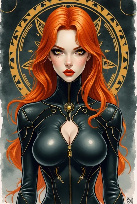 An art nouveau style watercolor image of a slender redhead woman in a black and brown leather armor in futuristic design. Runny make-up. Fierce expression. Gritty atmosphere. Druillet style. Enki Bilal. Mesmerizing look. Ornamental dark science-fiction bac...