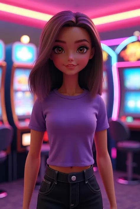 Brown-haired doll.  smiling. With shoulder-length brown hair. Half-violet bangs (right side).  tall stature.  Black cargo pants and purple top t-shirt. De Fondo a casino. style 3d 