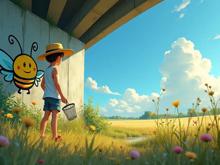 A rural summer scene featuring a young boy in a white tank top and shorts, holding a bug-catching net and a small cage. He stands under a highway overpass, gazing at a colorful graffiti of a cheerful cartoon bee on the wall. A gentle wind blows through the...