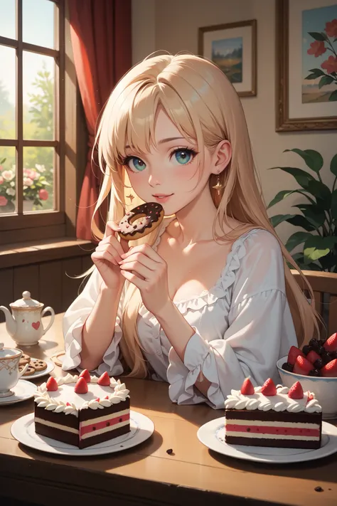 cute illustration of tea, cookies,cake,masterpiece, best quality, very aesthetic, absurdres