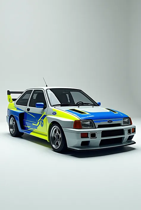 Décoration Ford escort Cosworth gris clair, bleu foncé et jaune fluo 