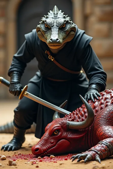 close-up cinematic portrait, a dashing Ninja Crocodile dressed in black ninja succeeds in killing the giant red buffalo monster, in the Gladiator arena, the red buffalo monster lies bleeding, his head is pierced by a sword, inspired by the gladiator film