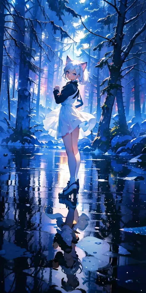 ​(( Masterpiece :1.2)), (( top quality)), 1 Girl(Cat ears, Age: 12, cute,  white hair, [Cat ears:1.4]), ( blue eyes,  smiling with eyes half closed ), Shes wearing a white dress and mini skirt , They wear ice skates and dance on ice, Ice dancing, Im spread...