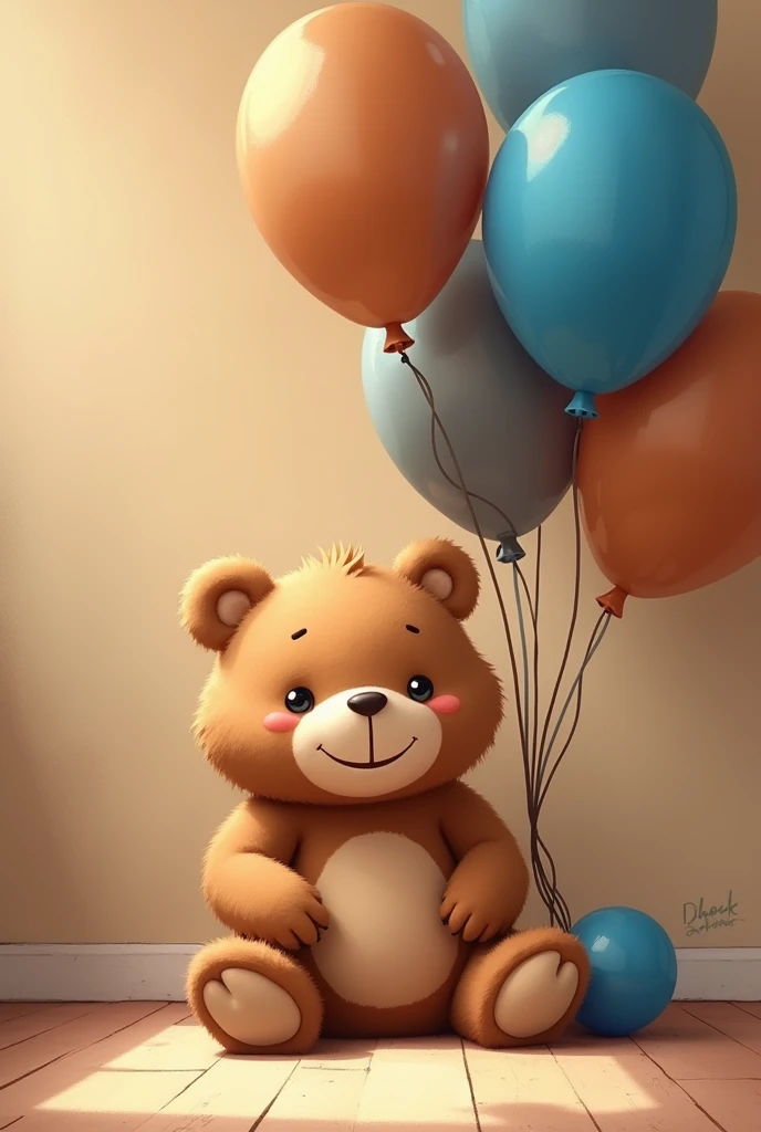  fluffy little bear in brown color in the corner ,  a little more blue and brown balloons and in the larger size balloons, after a smiling bear


