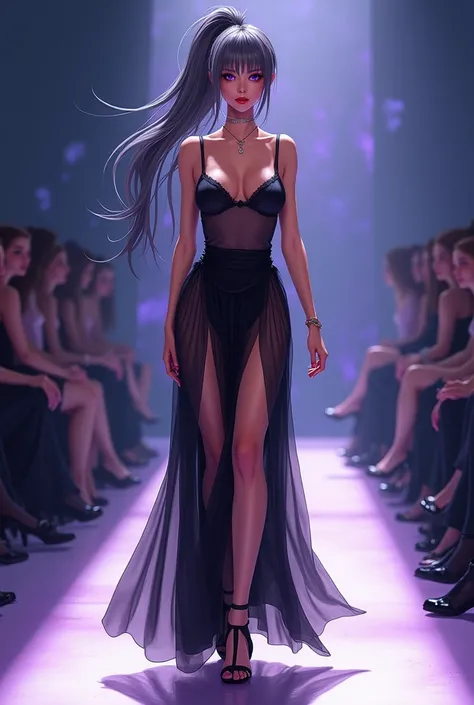  Beautiful, yard,  grayish black purple hair,  purple eyes,  very low ponytail ,Fashion show model , garb, Black, See-through, Be confident, Walking , runway,  Spotlight , Pixiv,  animation in black clothes , Clear line painting ,  Clear watercolor , vivid...