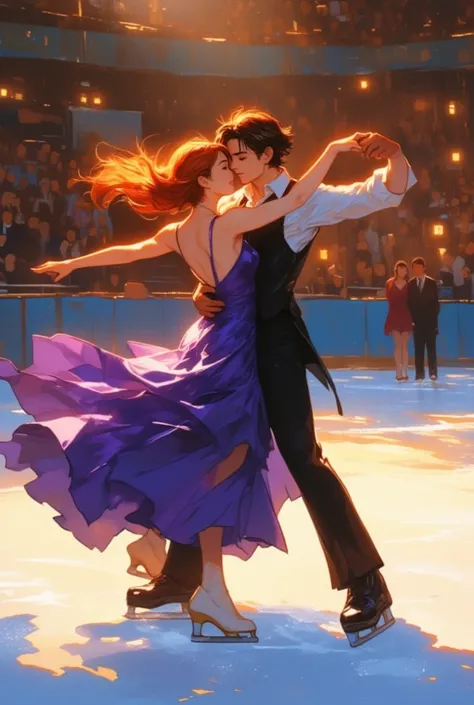 Oil Painting Style, 

Title: "Art on Ice"

Composition: Capturing a moment as the pair dances.

Character Details: A woman in her 30s (red hair, elegant purple dress) and a man (dark brown hair, white shirt with a black vest).

Background: Inside a classic...