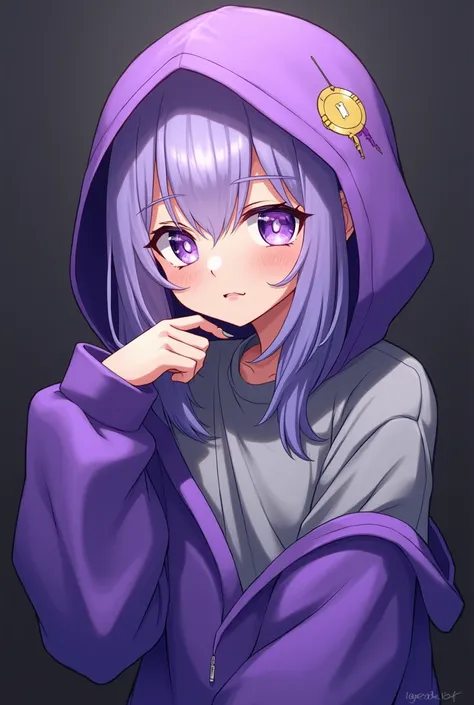 Do One A Little From The Side Looking At The Camera,  With A Purple Sweatshirt And A Purple Headdress,  The Sweatshirt Covers Half The Arm .  Put On Not So Long Hair , But Let It Be Light Purple ,  Purple And Yellow Eyes ,  And A Gray Blouse Under 