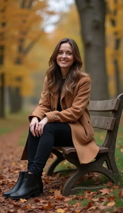 A 36-year-old woman sitting onA rustic bench in an autumn forest, dressed inA buttoned-up coat