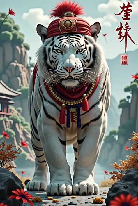 A square 2D image of a fierce white tiger wearing a turban inscribed BG5 on its arm with the word Mustard, against a backdrop of central China.