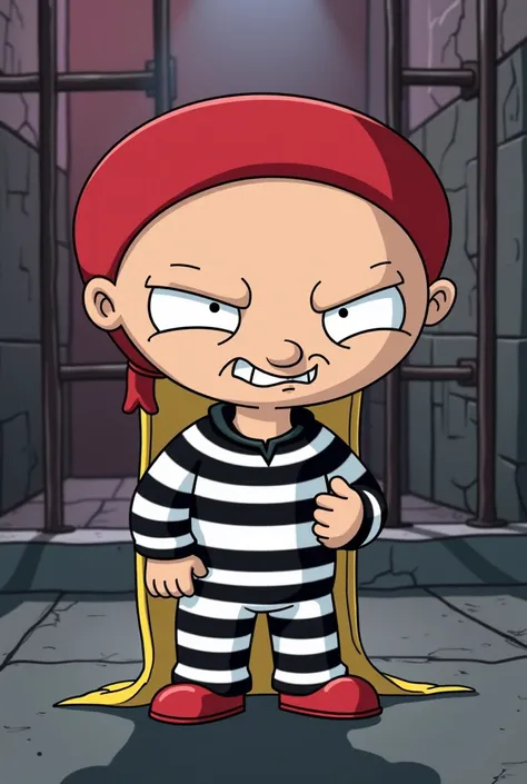 stewie from family guy, An evil-looking cartoon baby with a large, oval-shaped head, wearing a red and yellow jumpsuit. The baby is inside a dimly lit jail cell with iron bars, smirking menacingly. The expression on the baby’s face is mischievous, with sha...