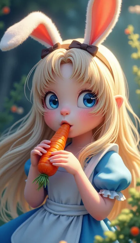  blue eyes,  High Resolution ,  high detail,  Textured Skin , long hair, Chest,  Rabbit Ears,  Wide Angle Lens,  Bow Hair Trim, bell,  Shine Effect , chiaroscuro, cartoon, artistic, Baroque , cartoon風格, cartoon,  Alice in Wonderland eating carrots ， Fluffy...