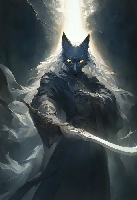 Illustration, highest quality, very detailed, animation, 1 male, black wolf skin mask, long flowing white hair, yellow eyes, shining mysterious light, leaf floor, holding bow, dark forest, soft shadow, atmosphere of trauma, dreamy, beautiful, mysterious