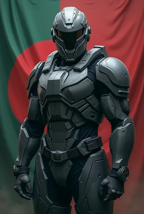 A military soldier with heavy armor, in background Bangladesh flag, Art style portrait 