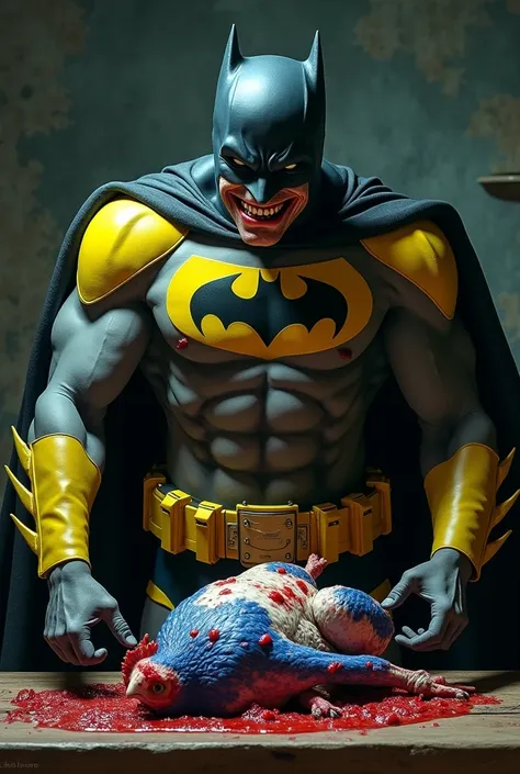 It generates Batman in yellow and black laughing like a crepy troll face while cooking a blue, red and white chicken that the hen is dead and bloody 
