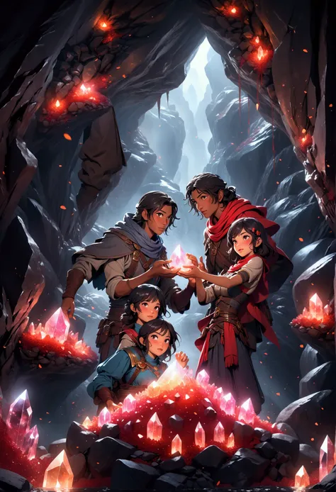 a detailed fantasy scene of two adventurers, a male and a female, reaching to grab a large pile of glowing red crystals in a dark, mystical cave, extremely detailed, cinematic lighting, volumetric fog, intricate crystal formations, dramatic camera angle, h...