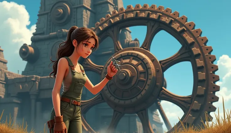 Aylin, takes care of the missing piece on the wheel with an anxious expression while standing in front of a giant wheel. ( Draw in animated style but realistic )