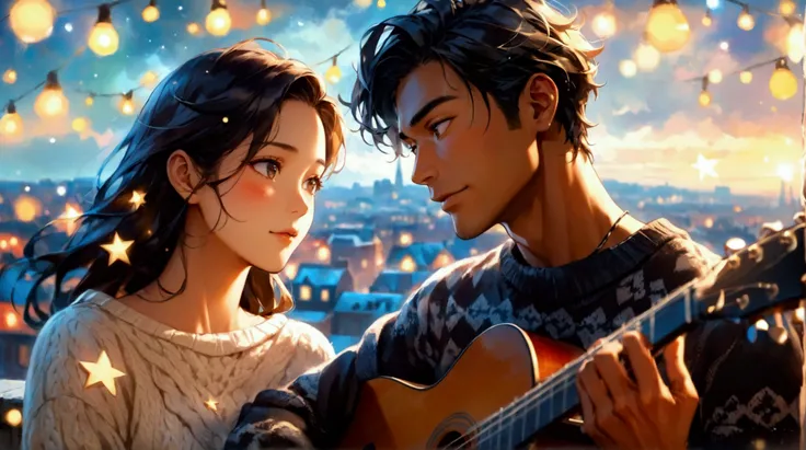 Illustrate a scene in which an Asian man singing with a guitar to his European girlfriend on a rooftop. The scene is set against the breathtaking landscape of Washington D.C. on a warm autumn night when the sky is filled with bright stars. The man has a ro...