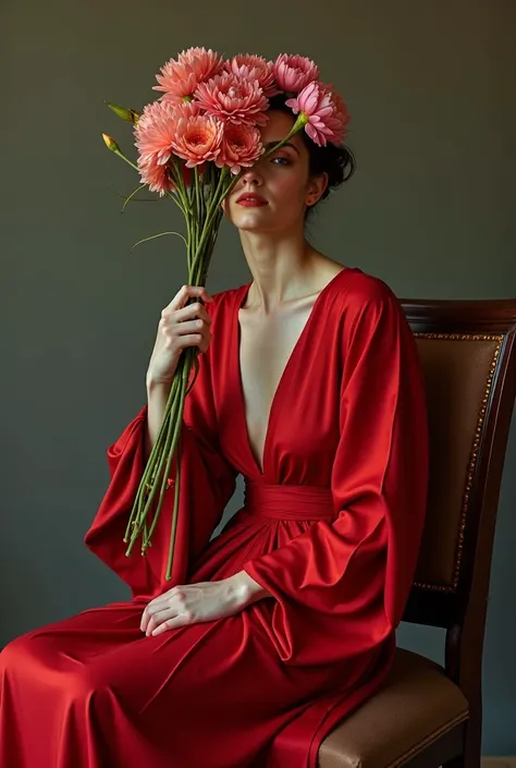  femme arafée vêtue dune robe rouge assise sur une chaise tenant un bouquet de fleurs, une peinture photoréaliste inspirée par Brooke Shaden , Tumblr, hyperréalisme, beaucoup de Merlot, sitting avec des fleurs, fleurs couvrant les yeux, avec des fleurs, da...