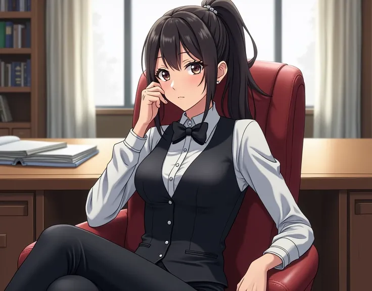 Anime style, career woman, female boss, full body, sitting on office chair, facing sideways,crossed legs, one hand resting on the arm of the office chair,office background, tied in a ponytail, wearing a vest, bow tie, long pants,large windows, office desk,...