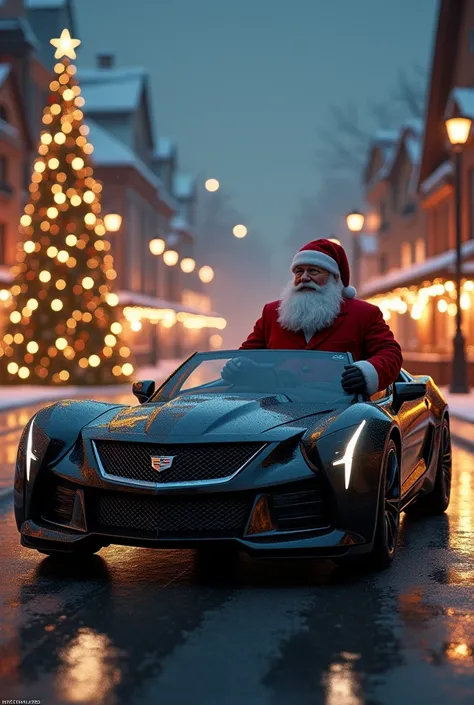 Santa claus in a black cadillac in a christmas town