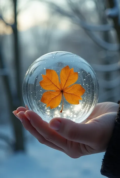 Une image en HD, nous sommes vendredi 13 jour de la chance, je veux un trèfle à 4 feuilles dans une boule en verre quune main porte vers le ciel avec un fond dhivers 