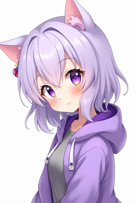 Do One A Little From The Side Looking At The Camera, With a purple kitten hoodie and a purple burrow, The Sweatshirt Covers Half The Arm.  Put On Not So Long Hair , But Let It Be Light Purple ,  Purple And Yellow Eyes ,  And A Gray Blouse Under , with arms...