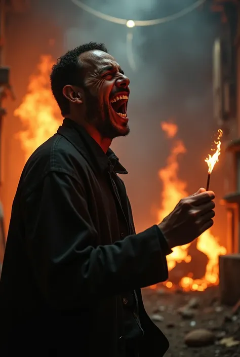 man laughing, with a match in hand, while a  is burned alive and dying behind him