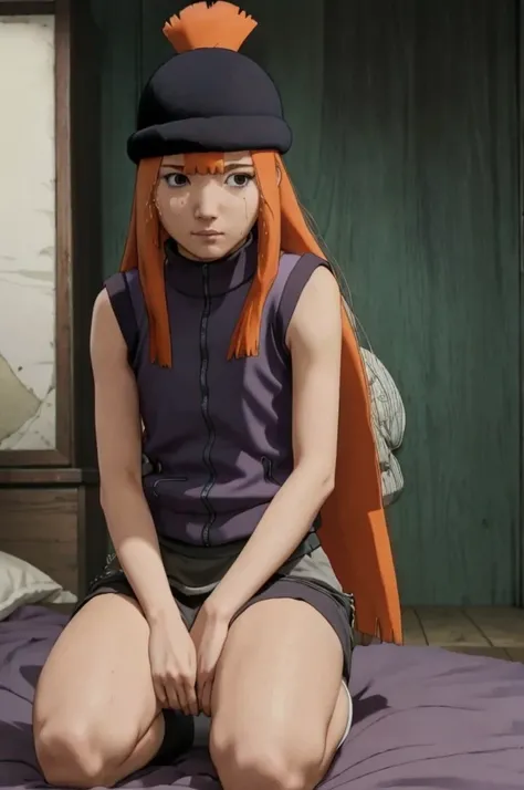 SasameFuma, 4k, absurd, high resolution, very high resolution, high definition, masterpiece, 1 girl, alone, long hair, looking at viewer, sitting, pussy, sleeveless, orange hair, black eyes, vest, kneeling, on bed, seiza, hat, bowembarrassed, tears, sad, i...