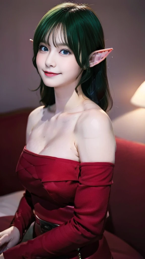 ((masterpiece,best quality,ultra-delicate,Perfect Face,16k,very detailed eyes,high resolution,very beautiful girl,sharpness,raw photo,18 years old,cute,Photographed from the front)),bright green color hair:2.0,Red strapless bodycon tube dress with huge red...