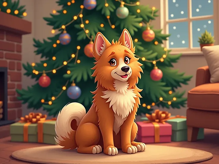 Illustration of Koikerhondie sitting in front of a Christmas tree