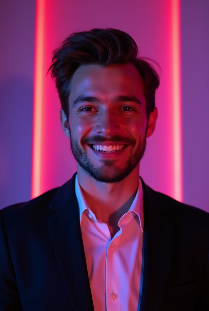 A 22 years old men with rounded-oval shape face with slight beard with a slight smile, he is dress a black blazer over a white shirt. He is positioned against violet colour backdrop with a subtle red lighting of the rate site and posing for linkedin profil...