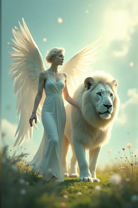 Make an angel walk with a white male lion