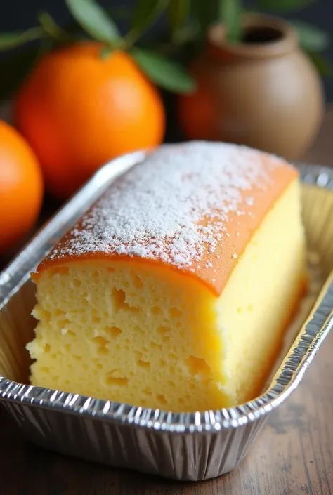 ORANGE SPONGE CAKE. NO CREAM ONLY SPONGE CAKE, CLASSIC ONE, ICING SUGAR ON TOP, IN ALMINIUM FOIL TRAY 