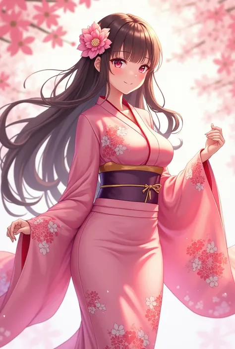 Beautiful girl, pink kimono decorate with peach blossom on kimono, long hair, big breasts, anime, 4K