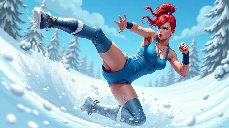 Comic book style, side view,  executes a spinning kick. slim and toned, female wrestler with a high red ponytail, ice blue eyes,  with icy blue legless leotard and wrestling boots, in the snow