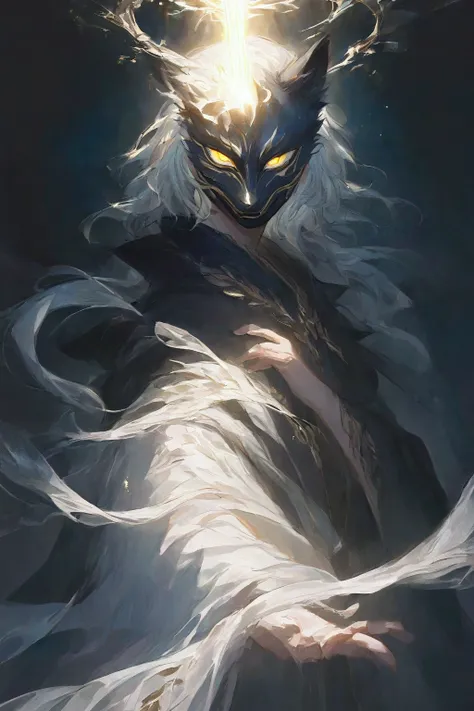 highest quality, very detailed, animation, 1 male, black wolf skin mask, long flowing white hair, yellow eyes, shining mysterious light, leaf floor, holding bow, dark forest, soft shadow, atmosphere of trauma, dreamy, beautiful, mysterious