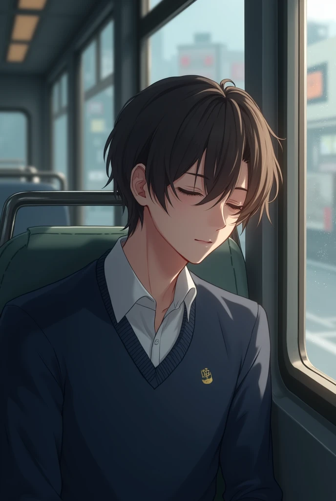 A handsome Japanese male student with brown hair is sleeping leaning against a bus window
