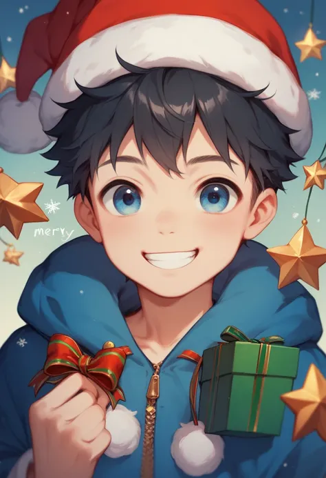 close-up of a young boy with short black hair, blue eyes, blue christmas hat on his head, cute smile, with the words "merry Christmas" on him