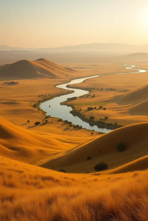 A breathtaking panoramic view of the golden savannah in Senegal, with rolling hills and a winding river cutting through the land. The vast, unspoiled landscape symbolizes the rich, untamed beauty of nature. In the distance, two separate villages can be see...